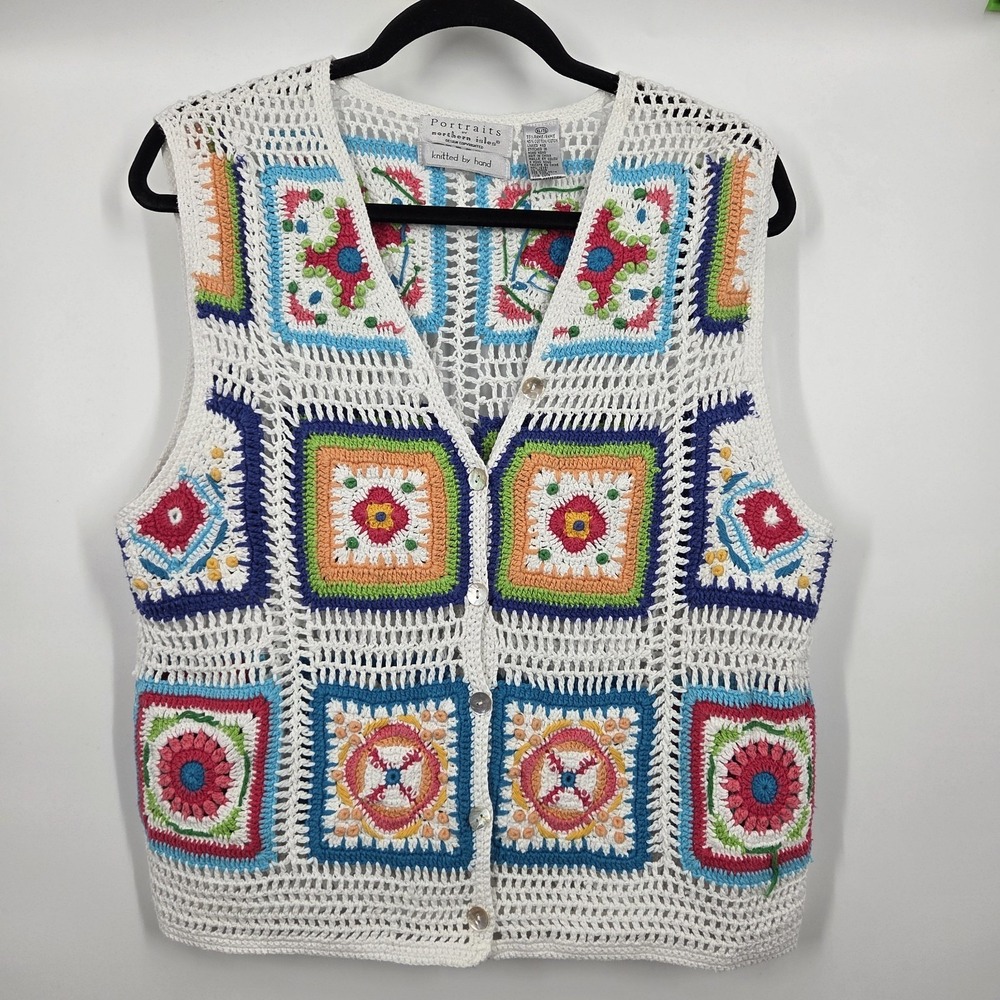 VTG Portraits by Northern Isles XL Crochet Granny Square Vest Cardigan Cottage
